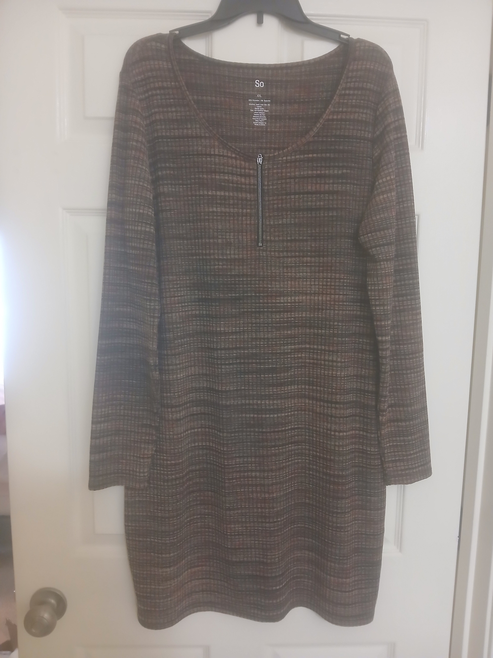 SO Brown Multitone Long-Sleeve Zip-Front Knit Dress
